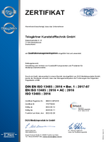 ISO Zertifikat 13485:2016 Telegärtner Kunststofftechnik GmbH